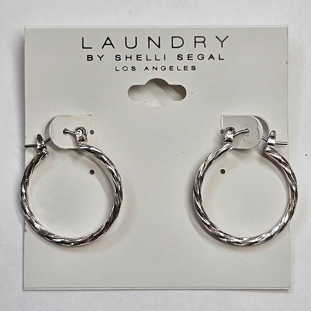 Laundry by Shelli Segal Twisted Silvertone Hoop Earrings Pierced NEW